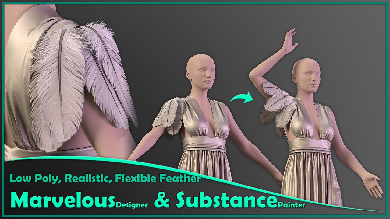 low poly, realistic, flexible feather in Marvelous Designer & Substance Painter/ English subtitle