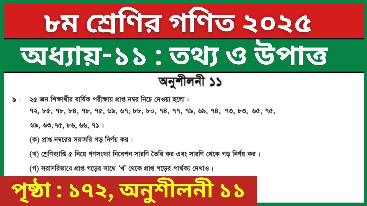 ৮ম শ্রেণির গণিত তথ্য ও উপাত্ত অনুশীলনী ১১ এর ৯ নং সৃজনশীল | Class 8 Math Chapter 11 Question 9 Solve