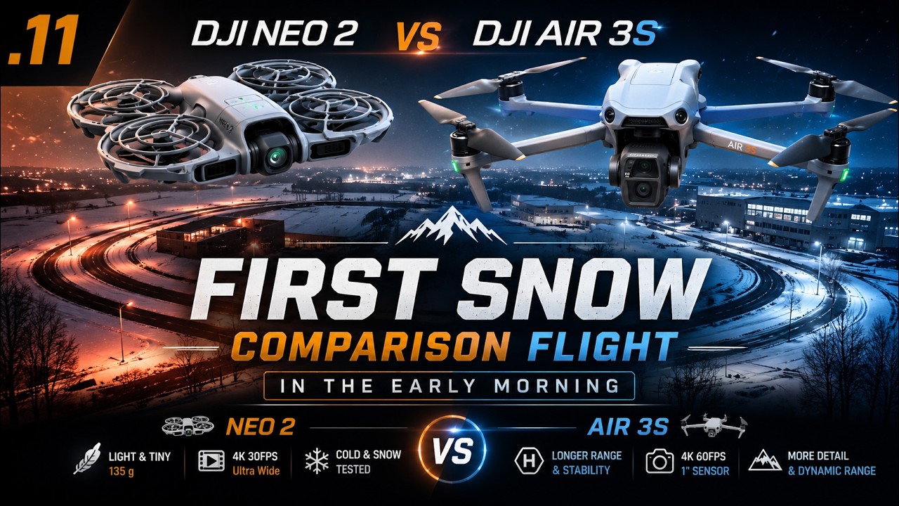 First DJI Air3S Comparison Flight with the DJI Neo 2 — A Tiny Companion in the morning Snow