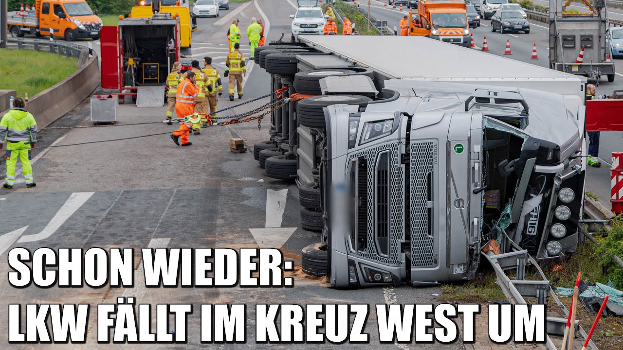 LKW landet im Autobahnkreuz Köln-West auf der Seite - Spezialbergung mit Colonia-Kran | 26.04.2022