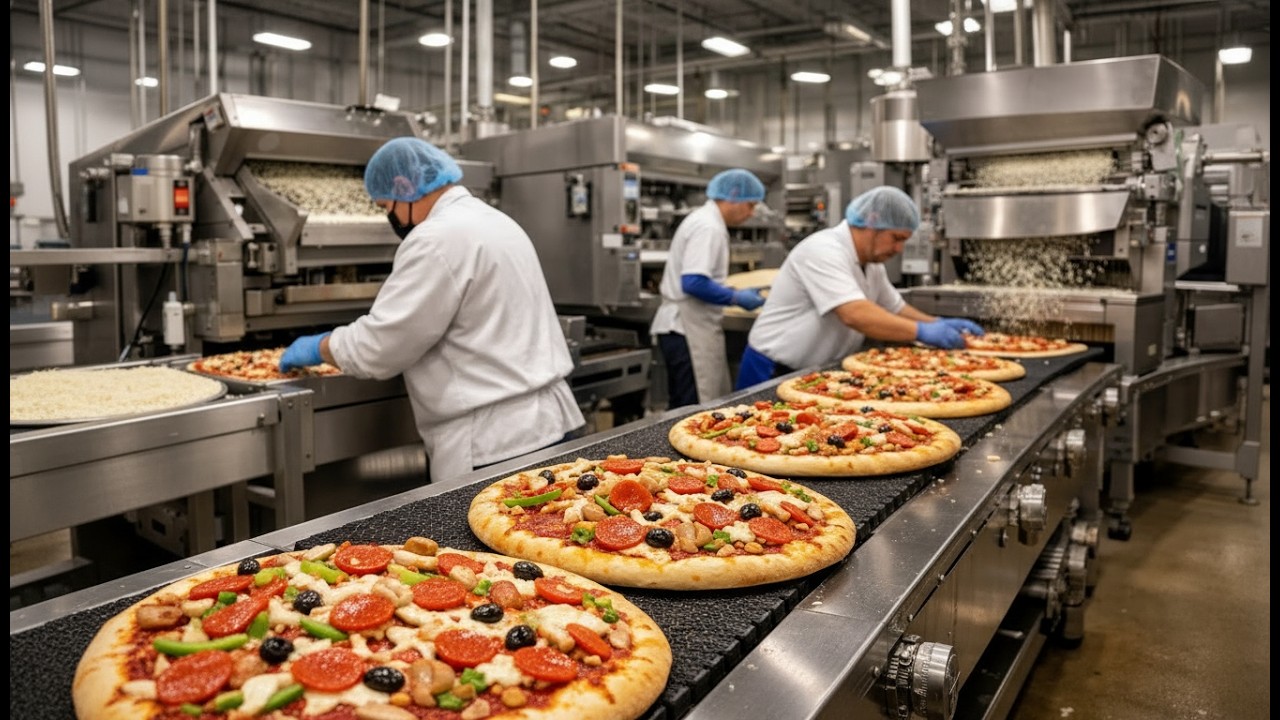 Inside a Modern American Frozen Pizza Factory | From Dough to Box – Full Process