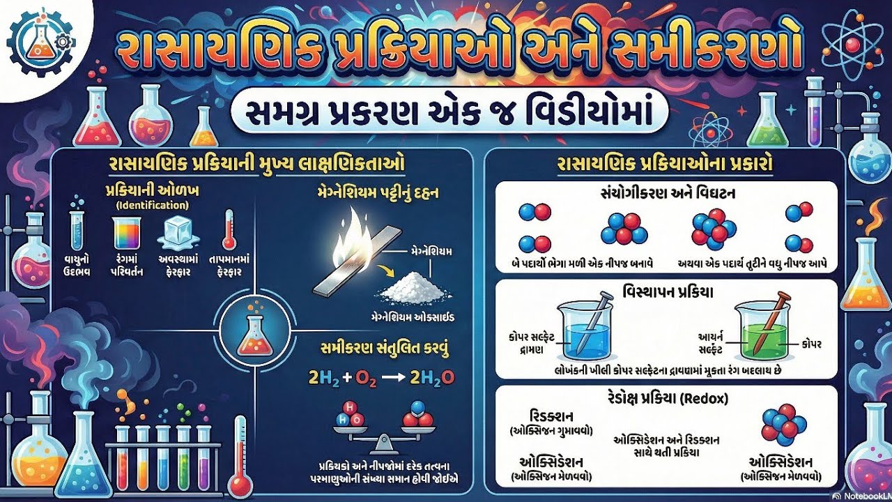 ધોરણ 10 વિજ્ઞાન પ્રકરણ 1 – રાસાયણિક પ્રક્રિયાઓ અને સમીકરણો નું સંપૂર્ણ અને સરળ સમજાવટ આ એક જ વિડિયો