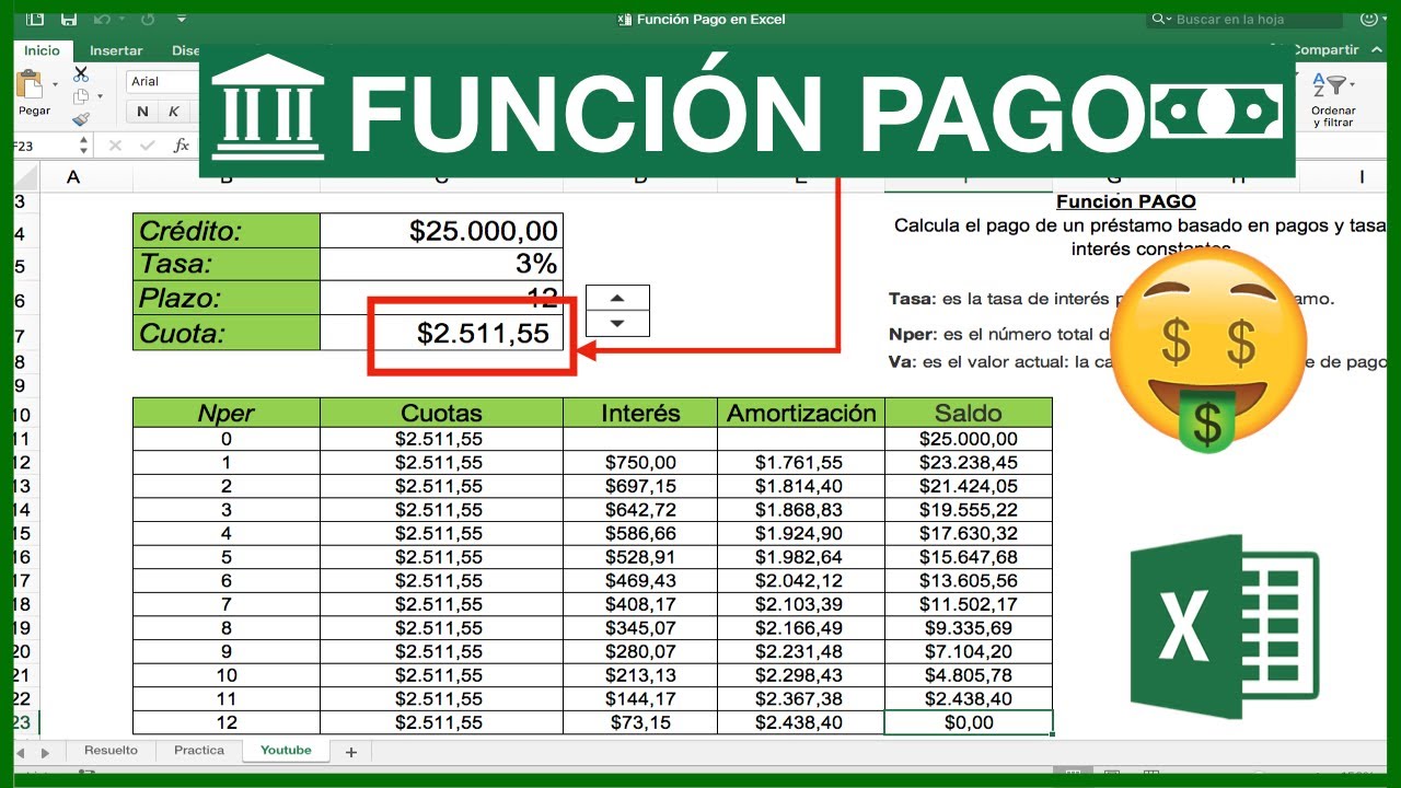 💰🏦FUNCIÓN PAGO en EXCEL Calculo de Cuota de un Préstamo Basado en Pagos y Tasa de Interes