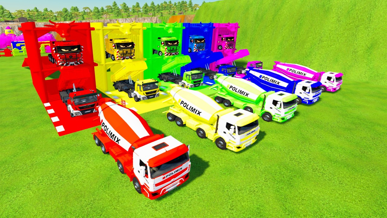 Colorful trucks - COLORFUL POLIMIX MIXER TRUCK, MAN DUMP TRUCK TRANSPORTING WITH TRAILER TRUCK #fs22