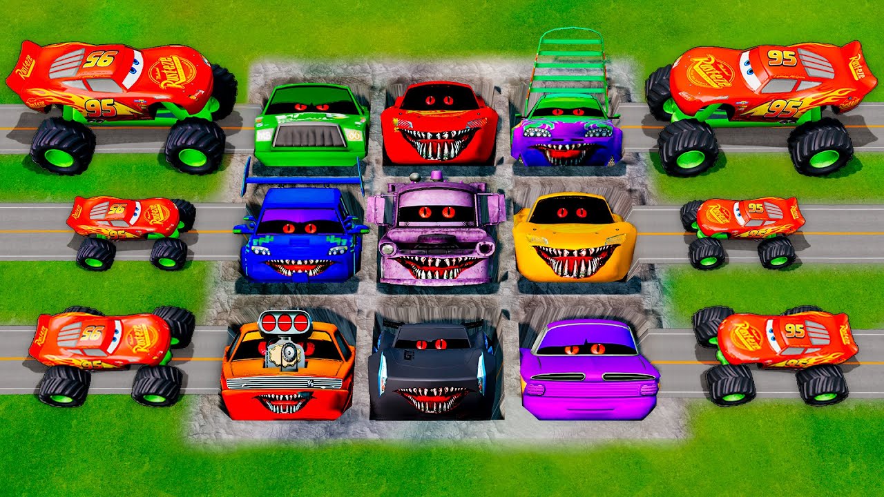 Mega pits with Pixar Cars EXE and Mcqueen Vs Big & Small Monster Truck McQueen! BeamNG.Drive Battle!