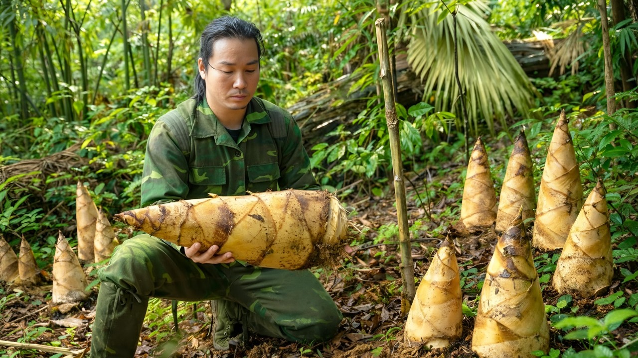 Harvesting bamboo shoots and foraging for food on a rainy day - Fishing, survival on the river