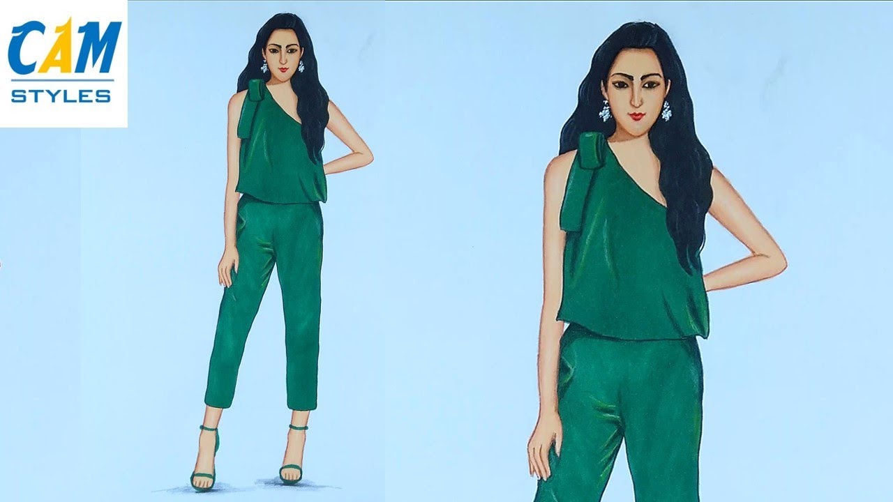 How to draw a girl with green dress (Full Body) | Fashion dresses drawing | Dress drawing ideas