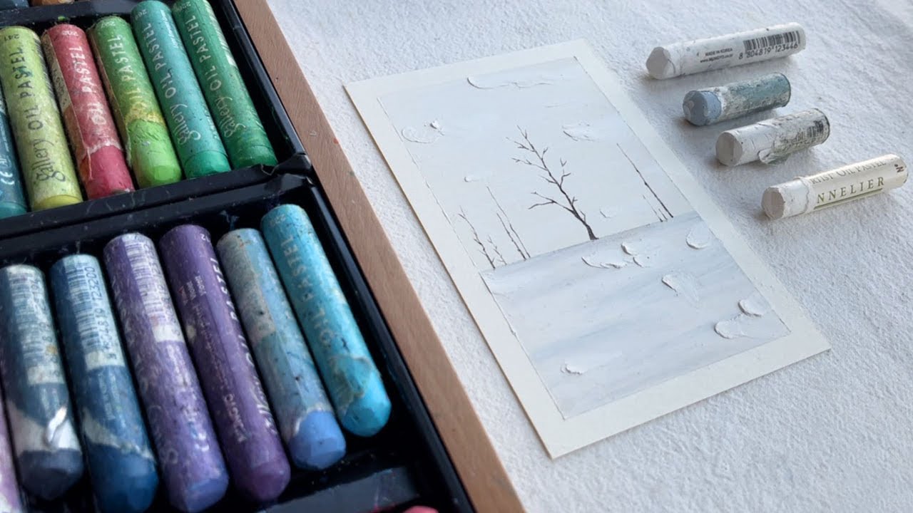 오일파스텔 겨울 풍경화 그림그리기 초보 기초 oil pastel drawing, snowy winter landscape