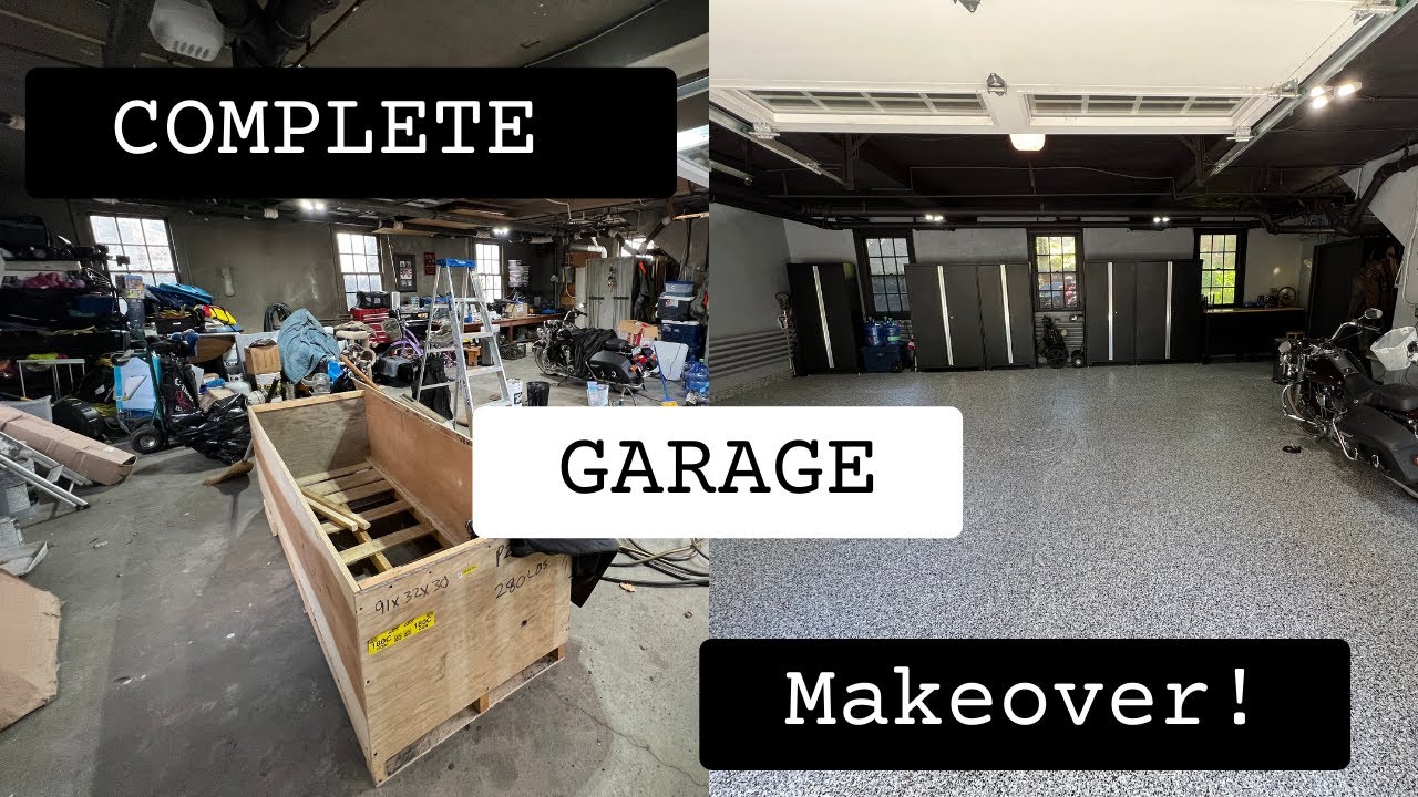 A complete garage makeover with new paint, epoxy floor, cabinets and tool bench.