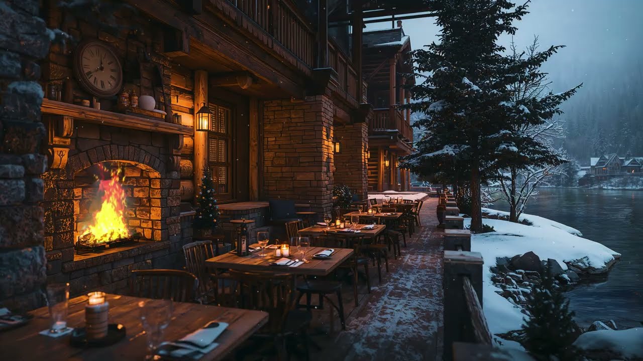 4K Snowy Lakeside Cafe ❄️ Cozy Jazz Piano by the Fireplace for Sleep, Relaxation & Stress Relief
