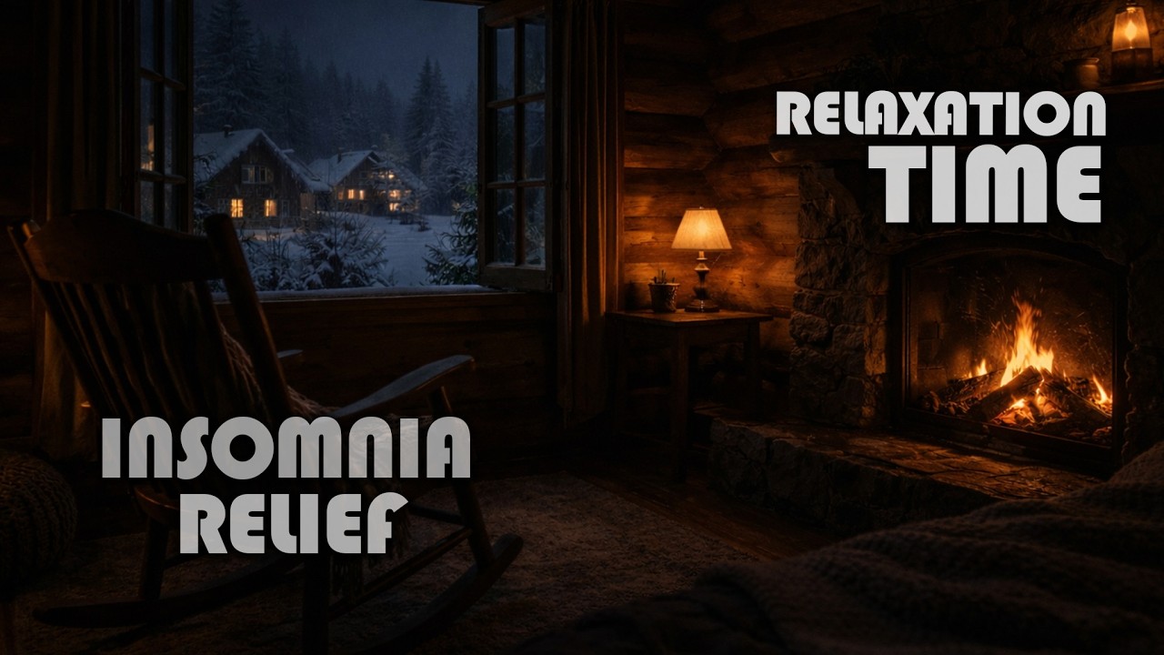ASMR Cozy Cabin Room with Rocking Chair & Fireplace ❄️ Snowfall in a Quiet Winter Village