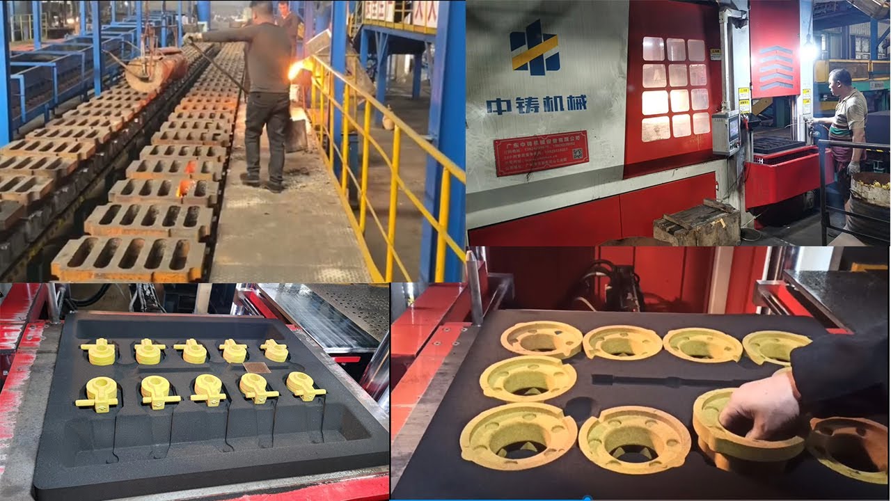Foundry sand molding machine with mold handing line produces iron castings