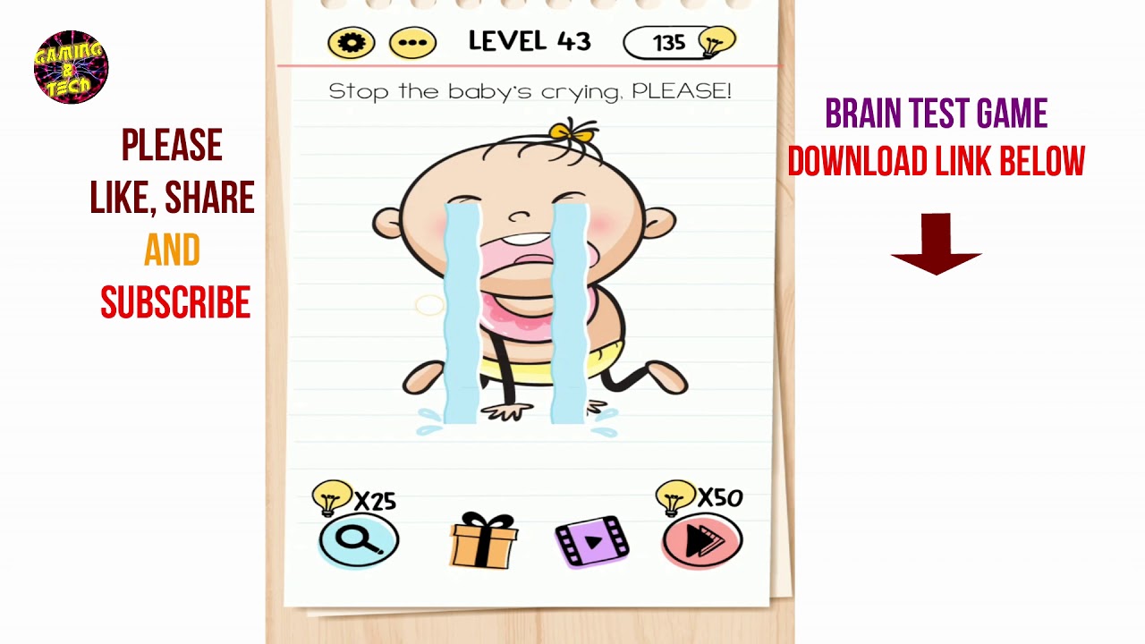 Brain Test Level 43 Stop the baby's crying, walkthrough solution