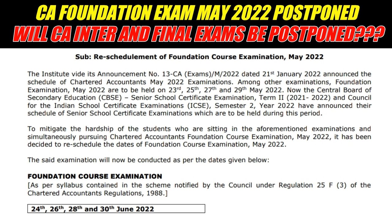 CA Foundation Exam May 2022 Attempt Postponement | Will CA Inter and Final Exam will be Postponed???
