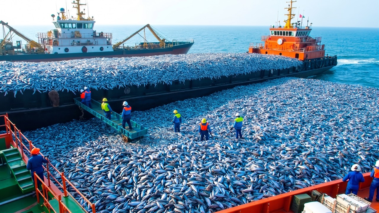 Incredible Mackerel Catch! European Trawlers Haul in Mountains of Fish Using Giant !
