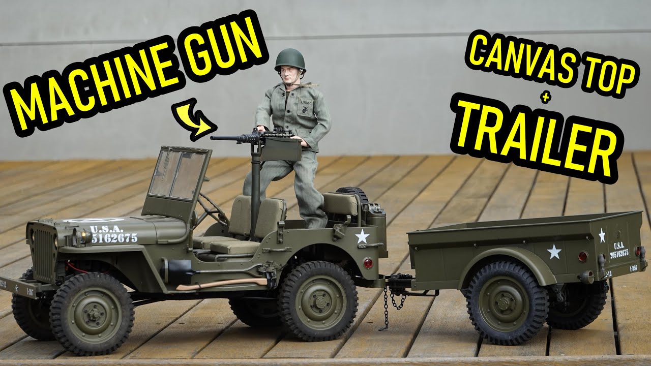 1/6 WW2 WILLYS MB JEEP - 50 CAL MACHINE GUN, TRAILER & CANVAS TOP