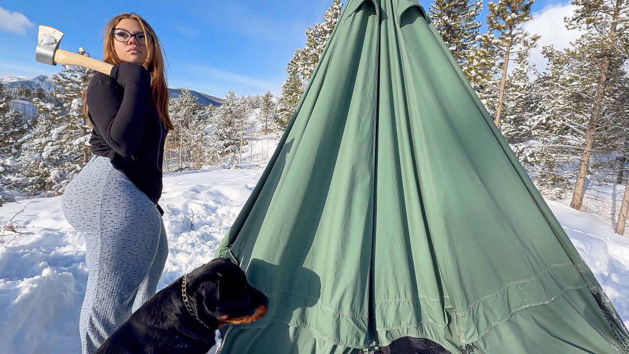 Solo Winter Camping In a Hot Tent Snowstorm Survival!