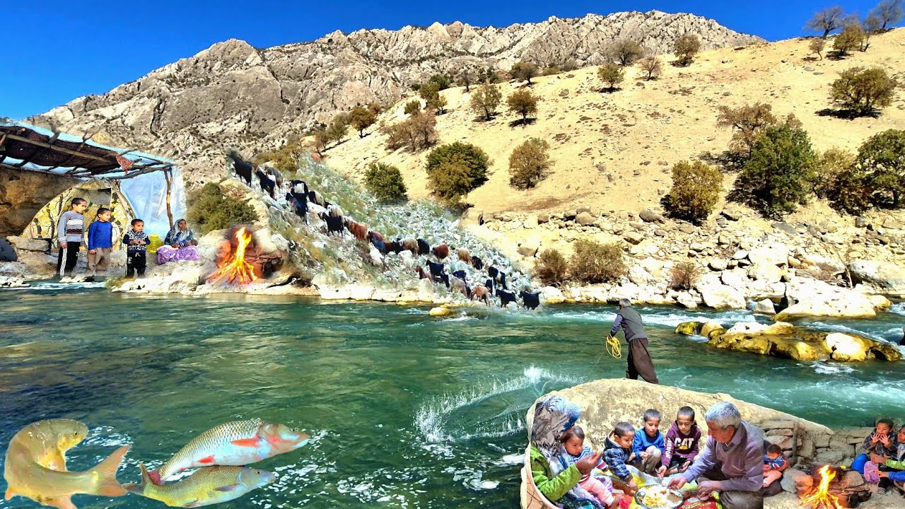 Single Mother Surviving with Four Kids by the Wild River | Cooking in the Zagros Mountains