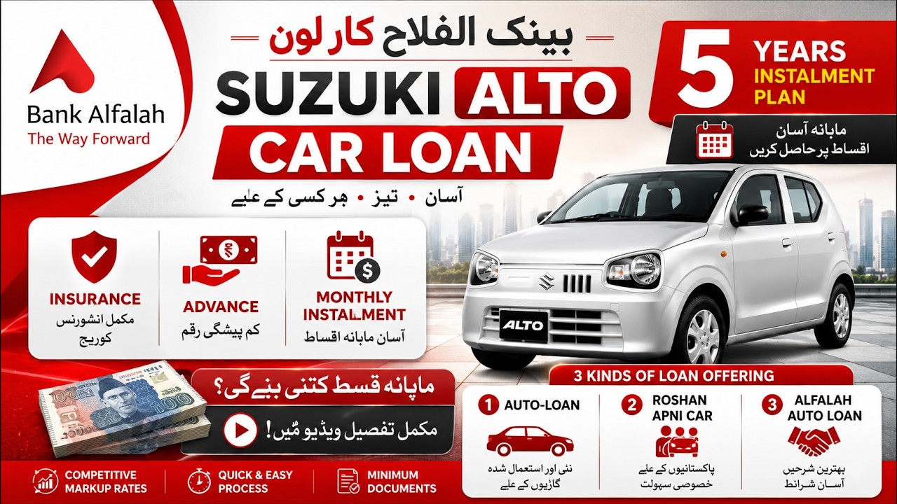 Suzuki Alto Bank Alfalah Car Loan 5 Years Monthly Installment Plan | Insurance Advance Payment