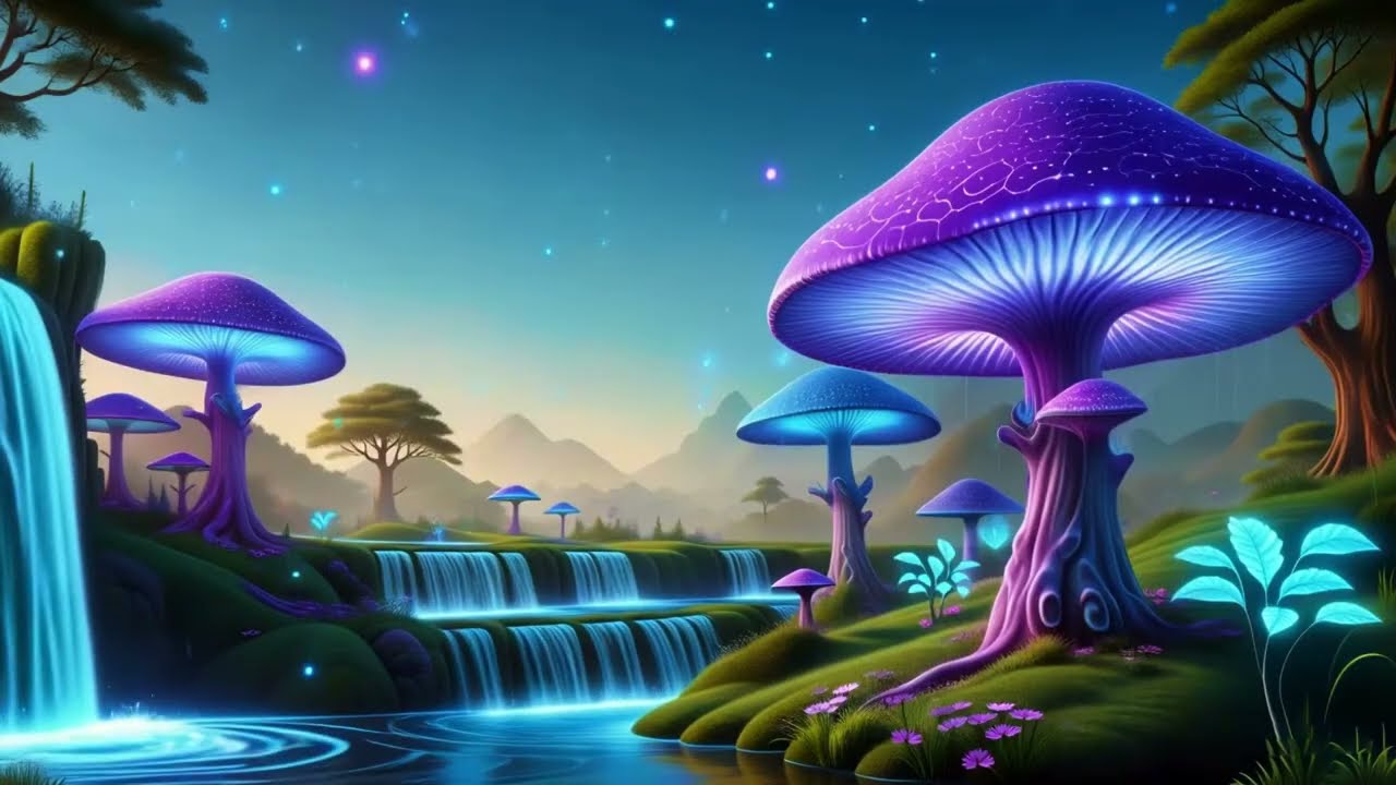 🍄 Fantasy Waterfall Paradise 🌌 Glowing Mushroom Forest Ambience for Sleep, Study & Deep Relaxation