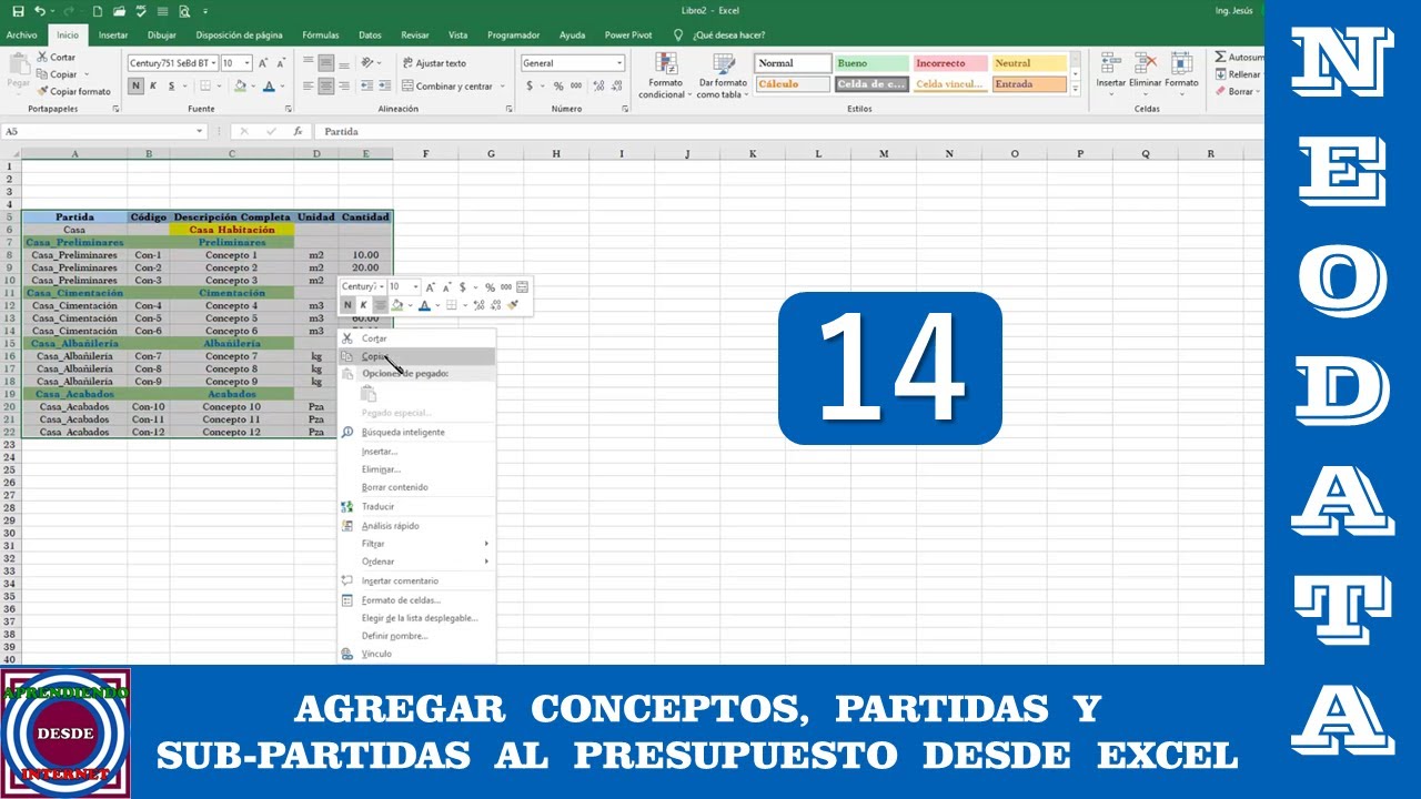 Agregar Conceptos, Partidas y Sub-Partidas al Presupuesto desde Excel en Neodata 2021