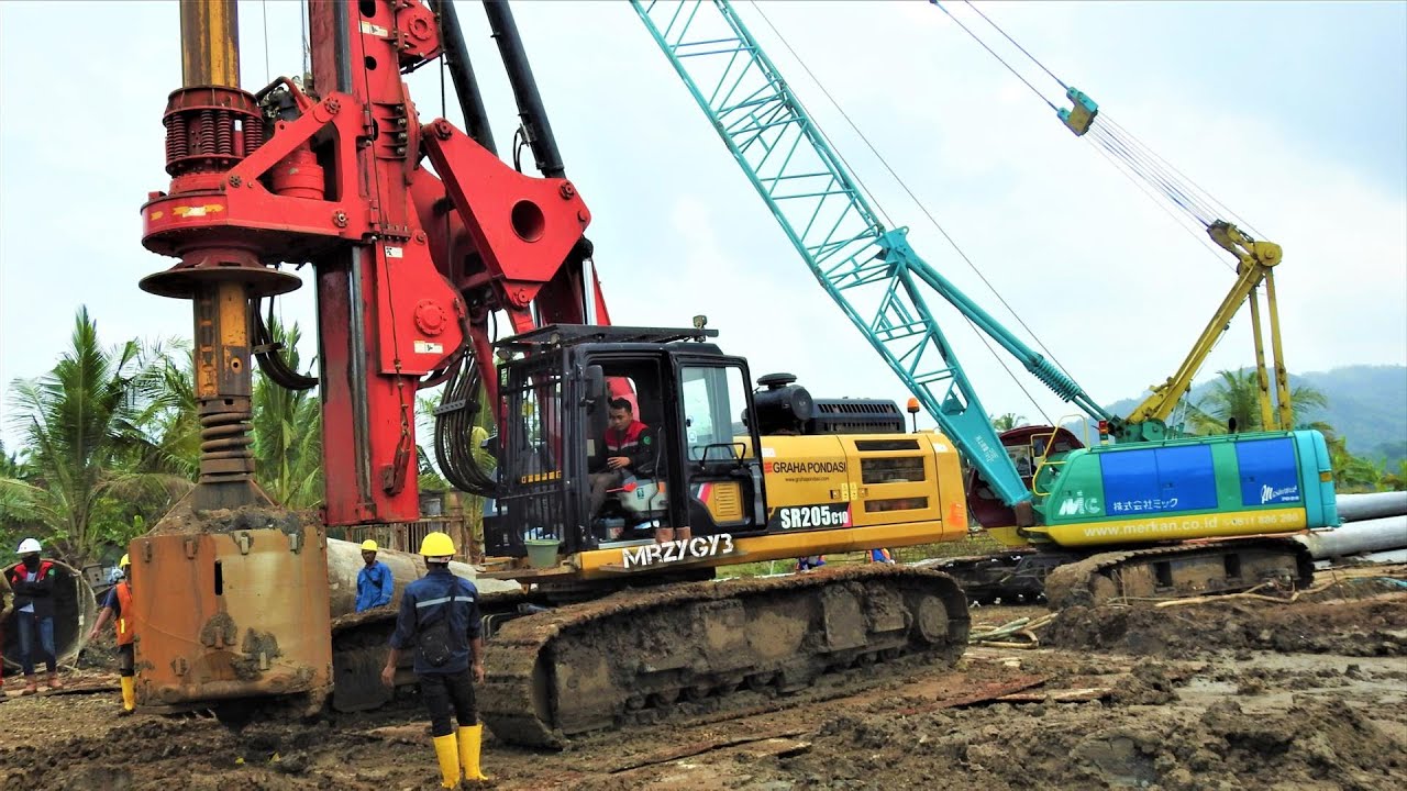 Excavator Drilling Rig Crane Ready Mix Trucks Working On The Deep Foundation Railway Construction