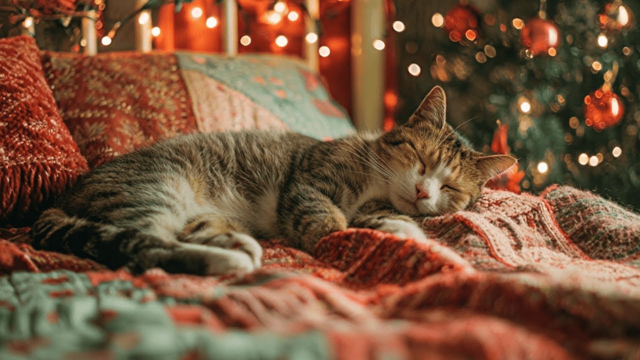 Cozy Christmas Night 🎄 3 Hours of Soft Holiday Music, Sleeping Cat & Warm Lights