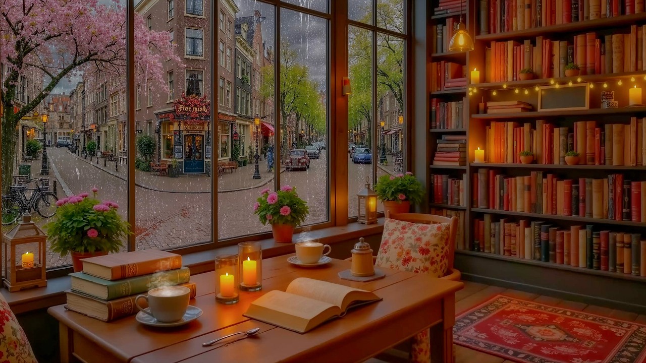Spring Rain Coffee Shop ☕ Soft Jazz Piano, Rain & Fireplace Sounds for Study & Relax