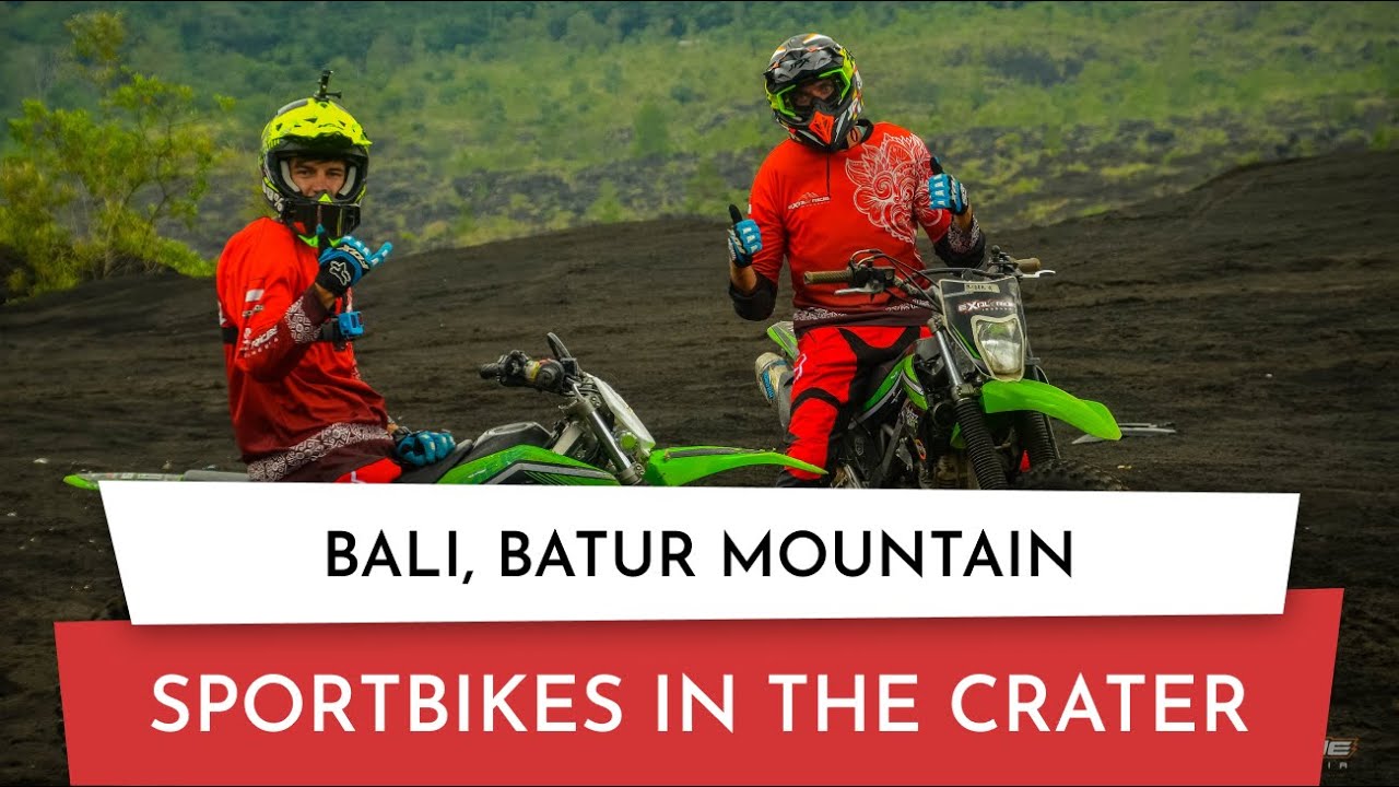Ride on Enduro Sport Bikes in the crater of Batur volcano, Bali, Indonesia. Terrible biker accident