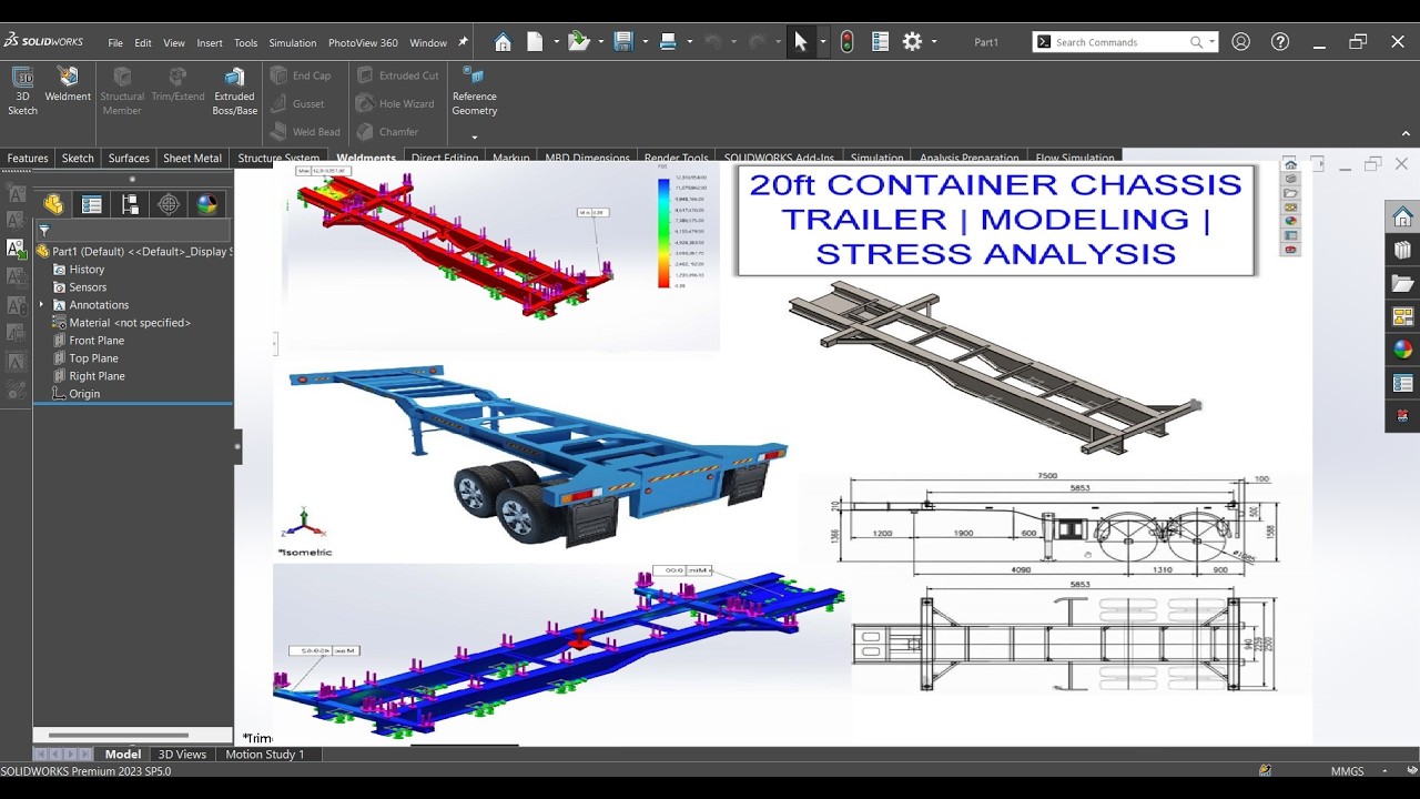 SolidWorks Tutorial simulation 20ft container chassis #trailer in #solidworks  #simulation  #drawing