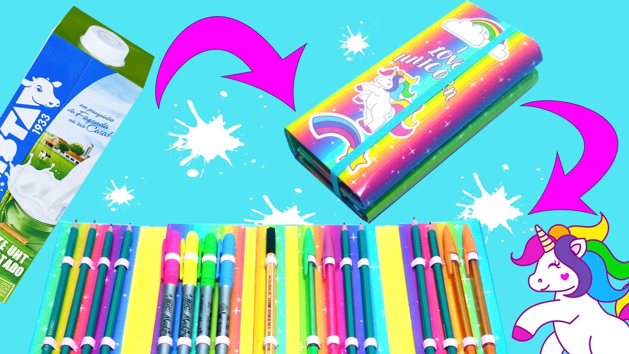 ESTOJO Personalizado UNICÓRNIO feito com CAIXA DE LEITE -  Material Escolar - Segredos de Aline