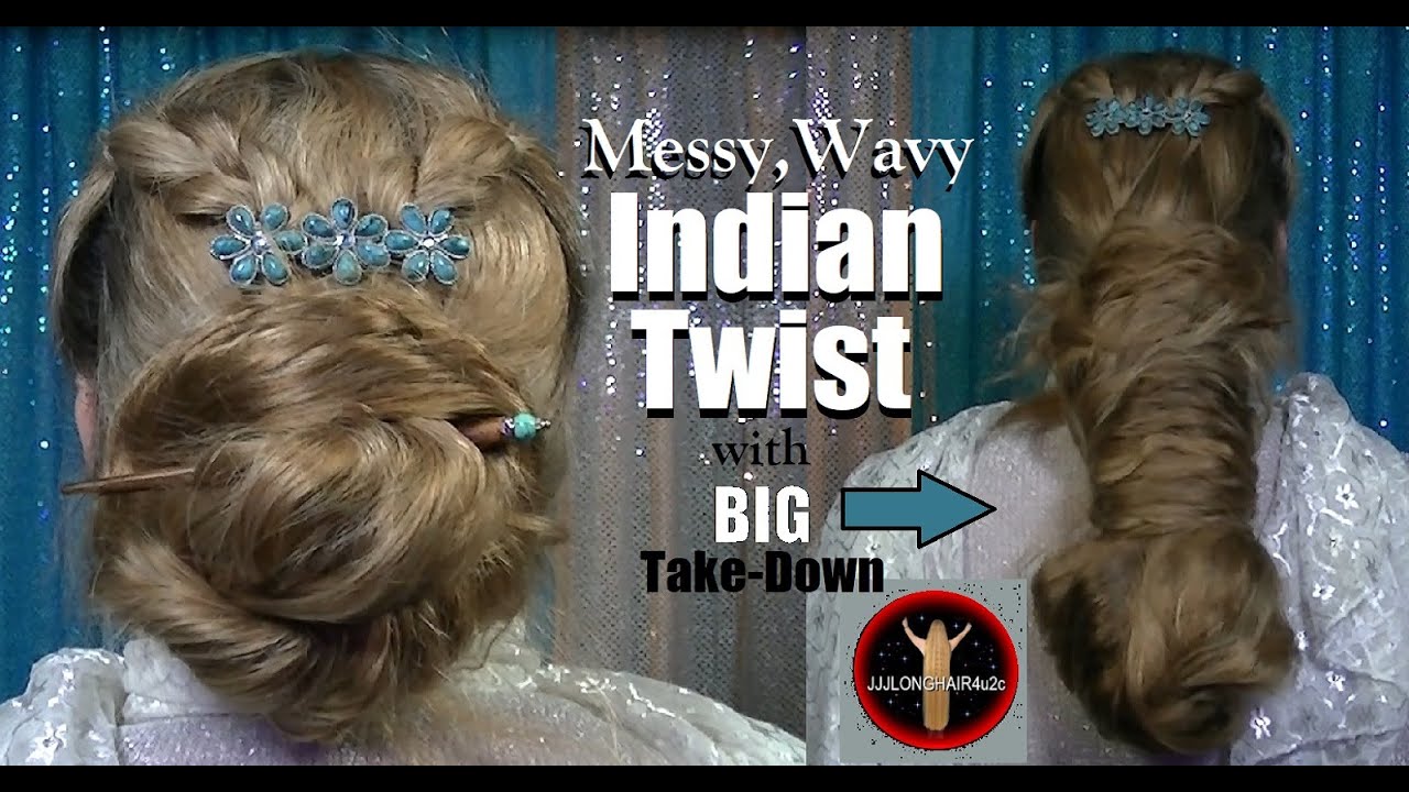 BIG Take Down😮 Messy Wavy Indian Twist Bun with💙Braids💙Barrette💙 Hair Stick