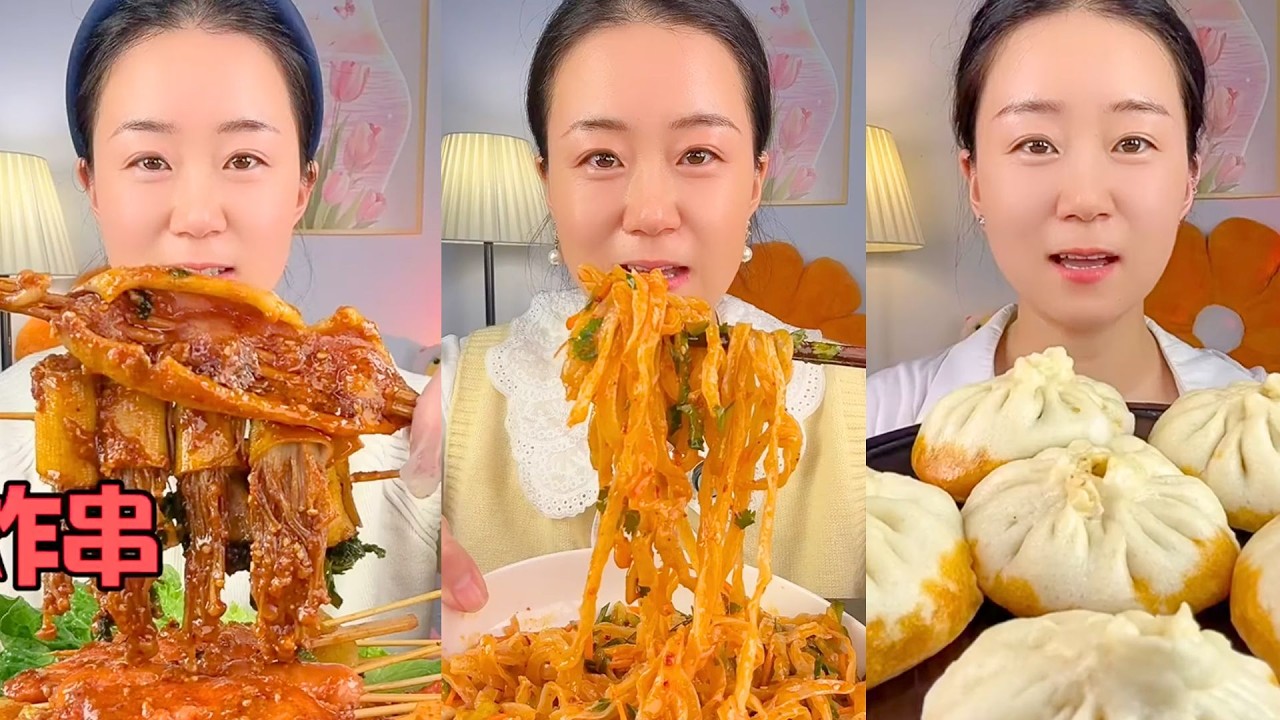 Spicy Skewers, Chili Shredded Noodles, and Steamed Buns Mukbang