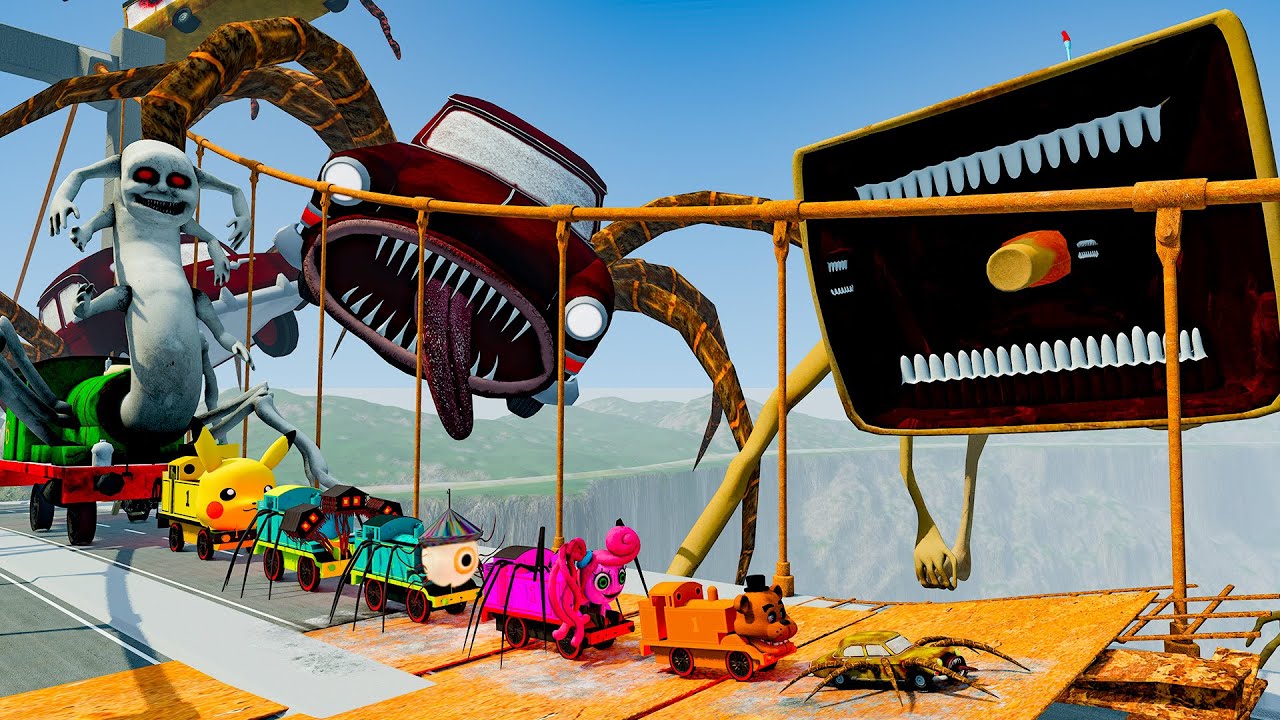 ALL MONSTERS Big & Small Cars vs Broken Bridge with CAR EATER & MEGAHORN | BeamNG.Drive