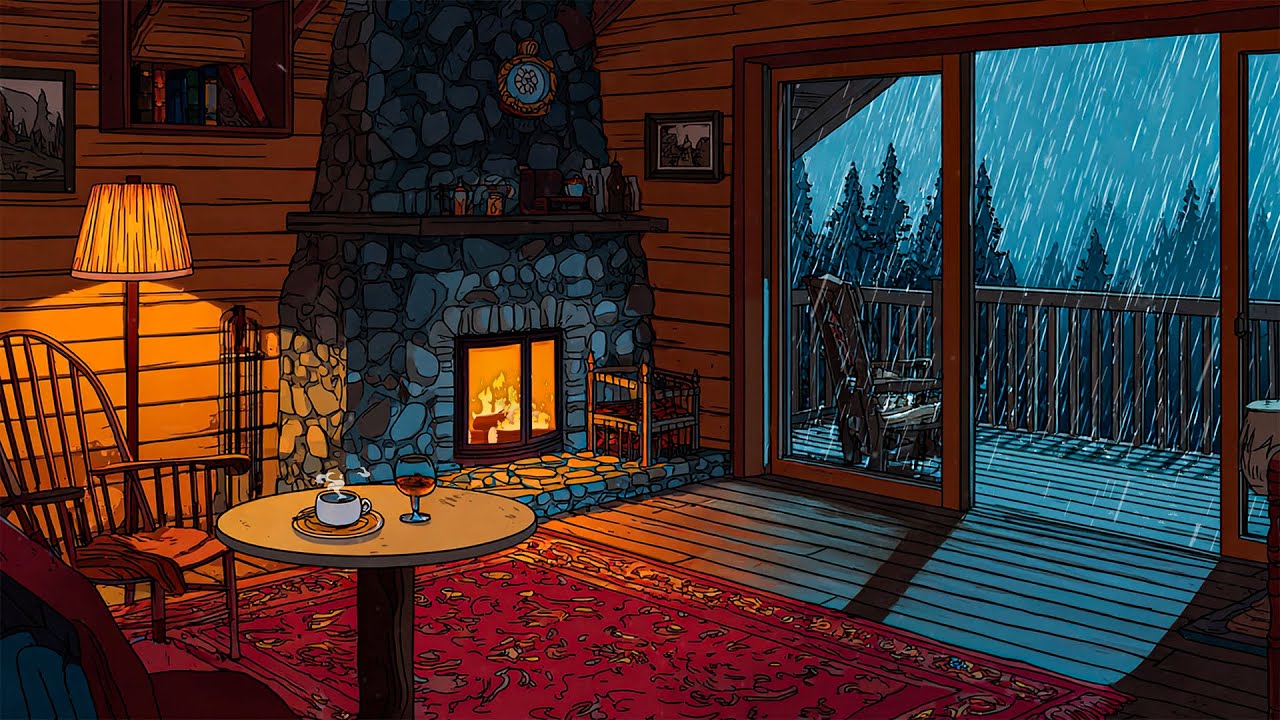 A rainy night at a 1950s with vintage jazz playing in another room