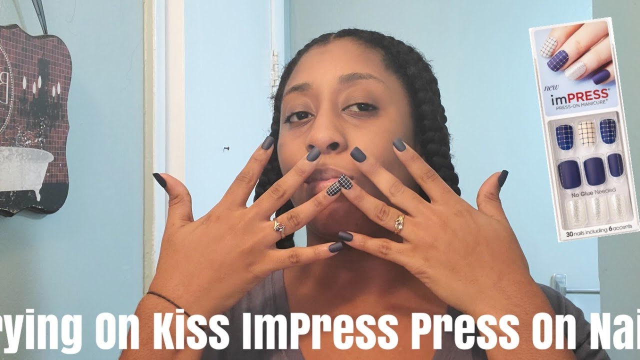 Trying On Kiss ImPress Press On Nails In Navy Blue | 30 Day YouTube Video Challenge