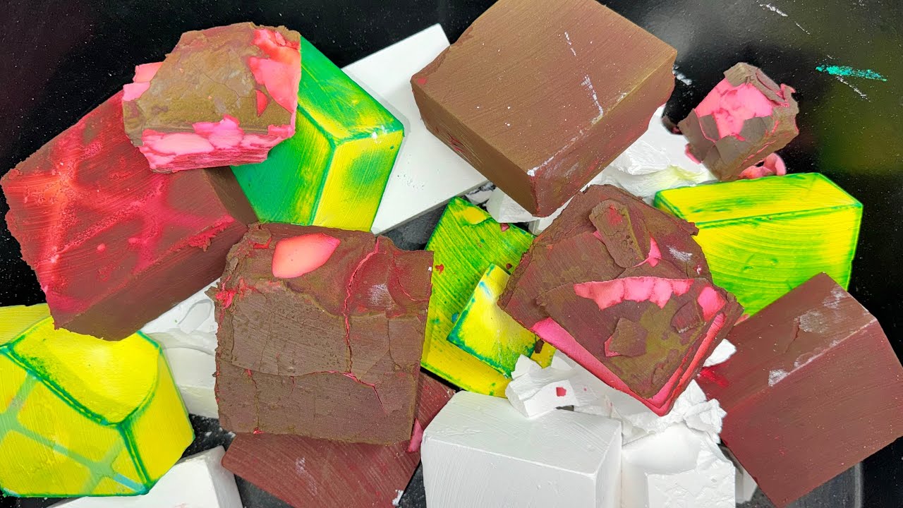 Bucket of Flaky Red and Aqua Green Chalk Blocks