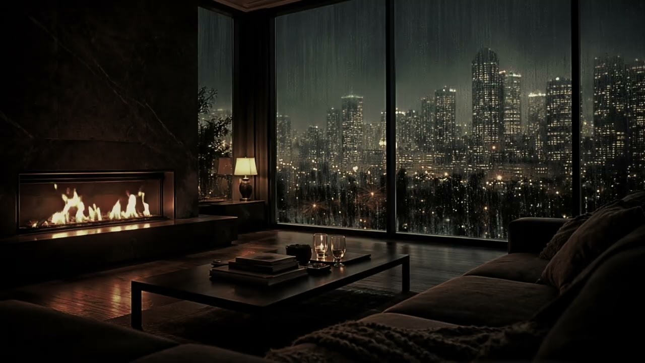 Dark Rainy City Night in with Relaxing Fireplace | 10 Hours Luxury Penthouse Ambience for Deep Sleep