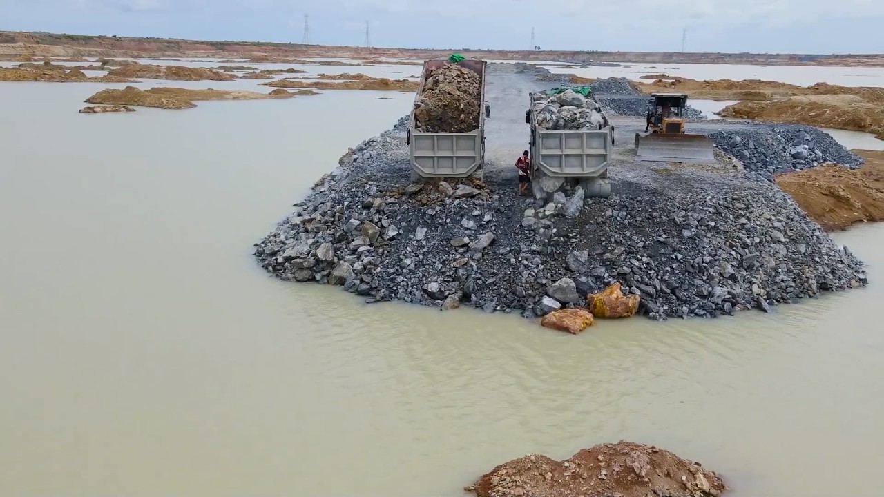 Best Activities Build Road in Lake with Bulldozer Komatsu Push Stone and Truck Dumping into water