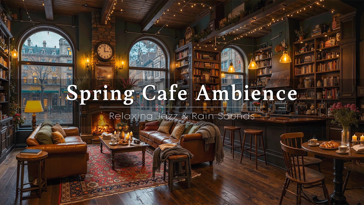 Cozy Spring Coffee Shop Ambience ☕ Relaxing Jazz with Warm Fireplace & Soft Rain Sounds for Studying