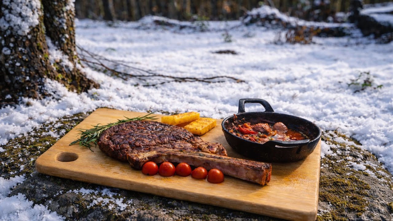 Snowy Forest Fire Cooking | Dallas Steak on Campfire
