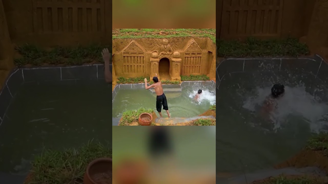 Epic Primitive Building Underground Water Slide Pool House