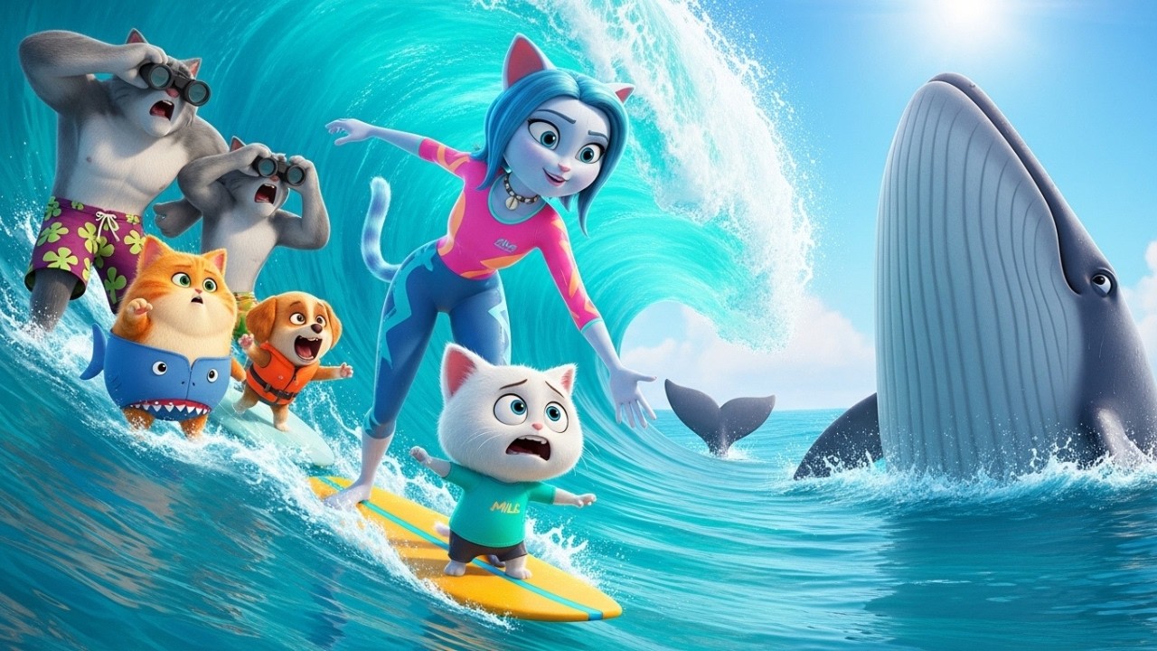 Mom Cat Goes Surfing 🏄‍♀️ Kitten Gets Eaten by a Whale (Almost!) | Cute AI Cats
