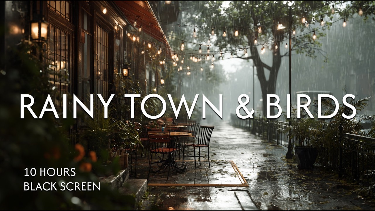 Rainy Town Sounds with Birds for Sleep | 10 Hours Black Screen