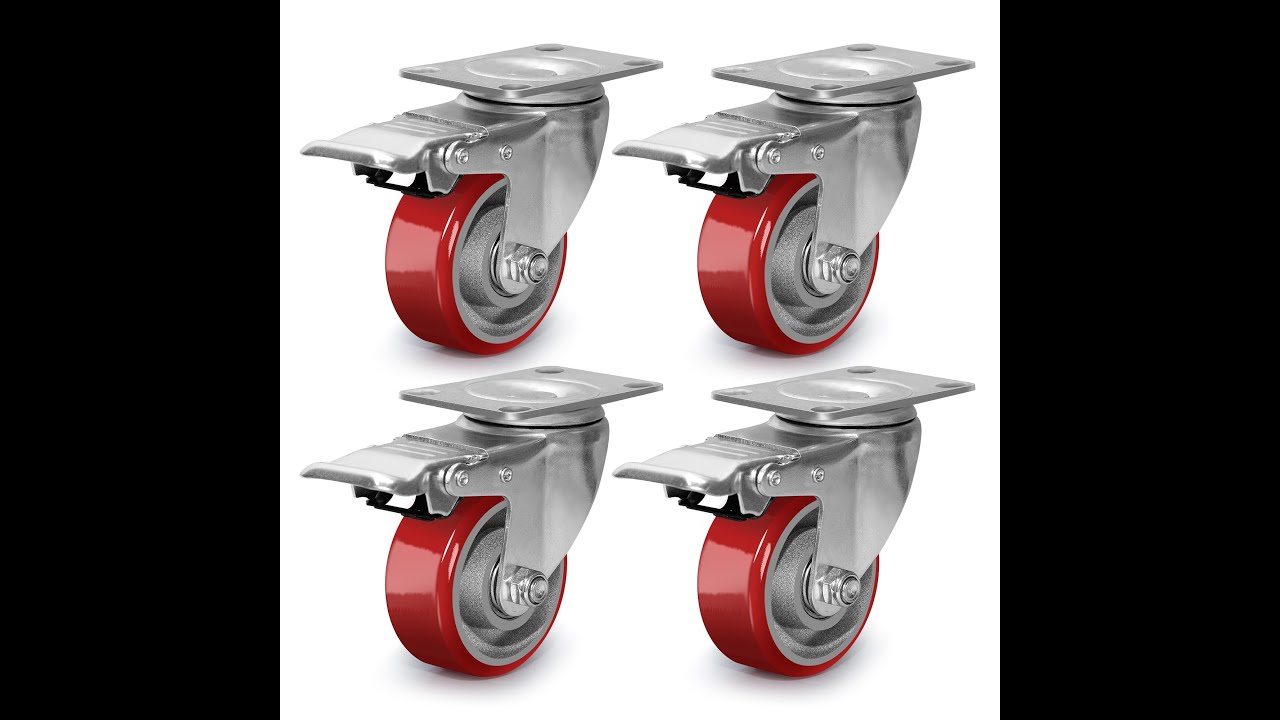 4-Pack 3" Heavy Duty Swivel Caster Wheels W/Brake Pu Steel 970lb Capacity