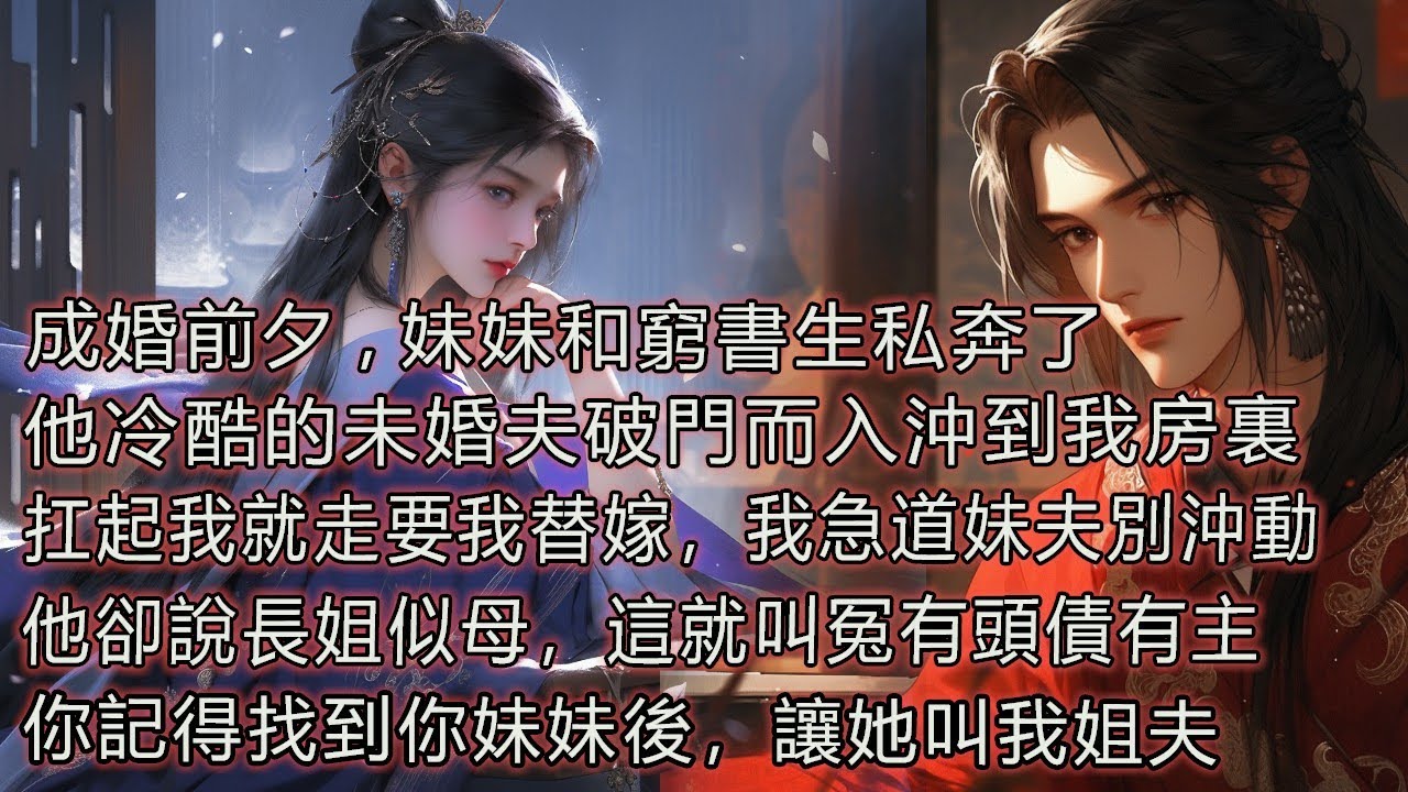 成婚前一天，妹妹和窮書生私奔了，他冷酷的未婚夫破門而入沖到我房裏，扛起我就走要我替嫁，我急道妹夫別沖動，他卻說長姐似母，這就叫冤有頭債有主，你記得找到你妹妹後，讓她叫我姐夫。