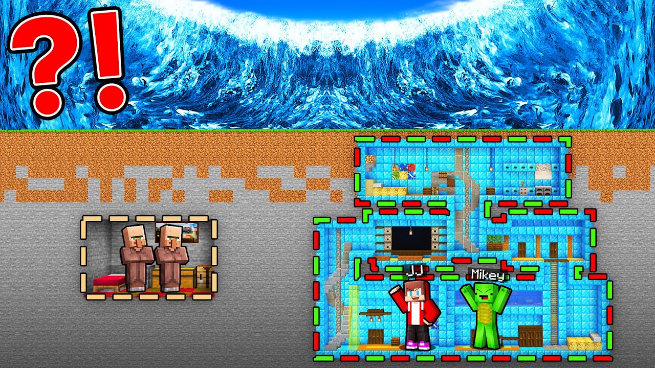 Villagers TINY & JJ and Mikey GIANT Bunker vs TSUNAMI in Minecraft (Maizen)