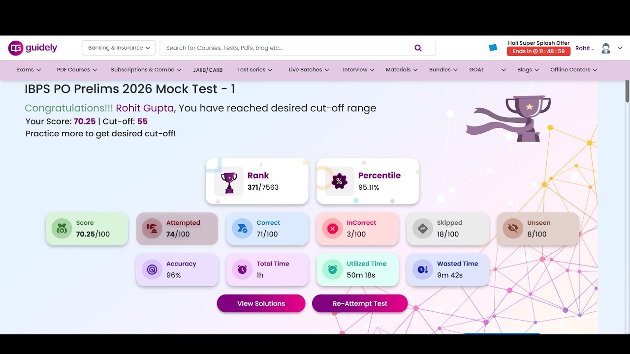 95.11% percentile in IBPS PO PRELIMS MOCK🔥|| GUIDELY TEST SERIES ||