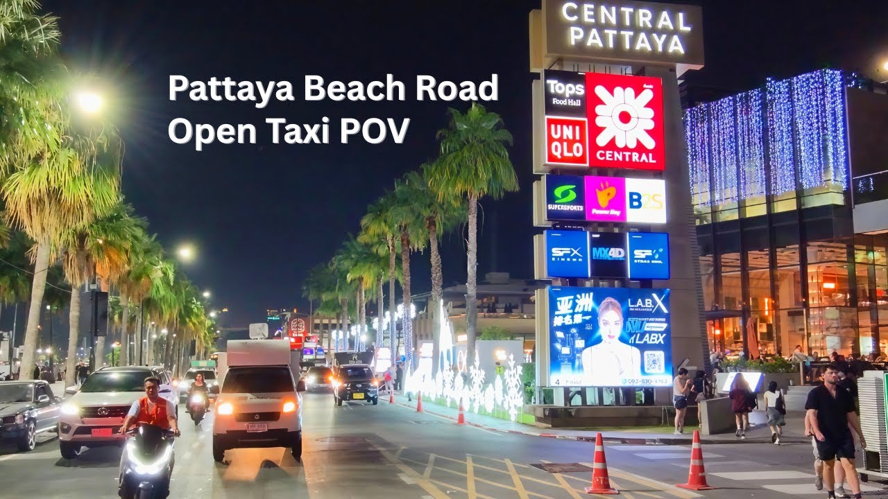 Pattaya Beach Road at Night | Open Taxi Ride POV (Real Street Sounds) 4K