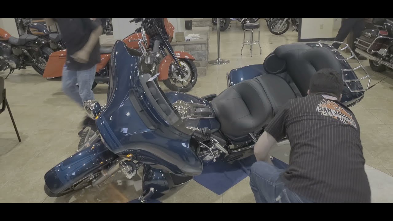 Motorcycle Drop Guards installed on New Street Glide and Dropped in Dealership showroom